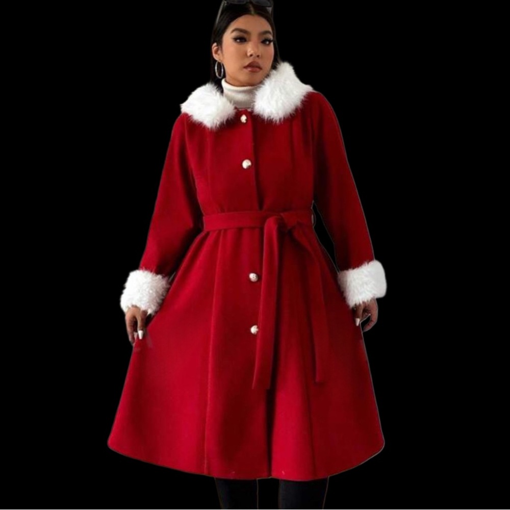[ 2 FOR $40 ] RED COAT WITH WHITE FAUX FUR TRIM & HOOD